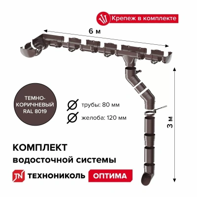 Комплект водосточной системы ТЕХНОНИКОЛЬ Оптима 120/80 для ската 6 м (труба 2м), темно-коричневый