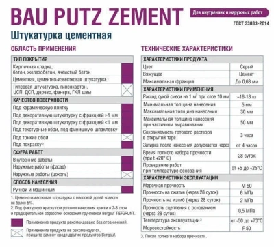 Смесь сухая штукатурная с повышенной водо-и морозостойкостью BERGAUF Bau Putz Zement 5 кг