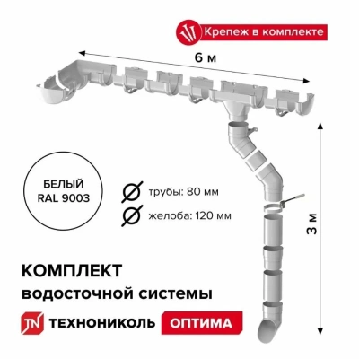 Комплект водосточной системы ТЕХНОНИКОЛЬ Оптима для ската 6 м (труба 1,5м), белый