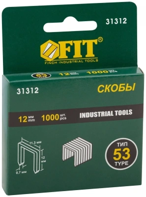 Скобы для степлера закаленные узкие прямоугольные FIT 31312, тип 53, 12 мм, 11,3х0,7 мм, 1000 шт