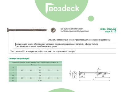 Саморез для террасной доски Гвозdeck HR Torx25 потайной 5,0х60, нержавеющая сталь А2, 100 шт