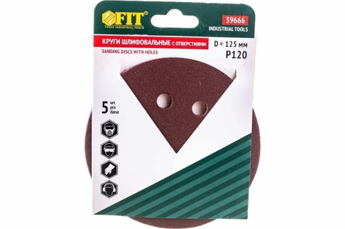 Круг шлифовальный с отверстиями алюминий-оксидный FIT 39666 125 Р 120 липучка 5 шт