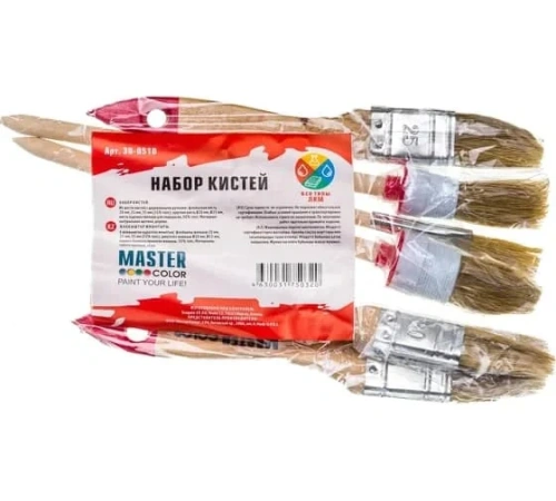 Набор из 6 кистей MASTER COLOR 30-0510, флейцевые - 20 мм/25 мм/35 мм, 55% топс, круглые - 20 мм/25 мм/художественная для подкраски, ручки деревянные