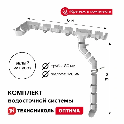 Комплект водосточной системы ТЕХНОНИКОЛЬ Оптима 120/80 для ската 6 м (труба 2м), белый