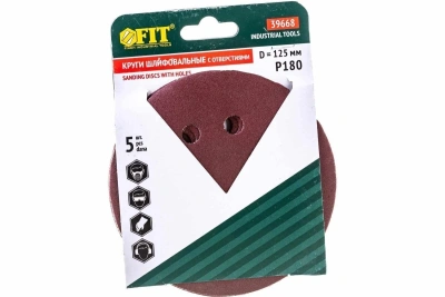 Круг шлифовальный с отверстиями алюминий-оксидный FIT  39668 125 Р 180 липучка 5 шт